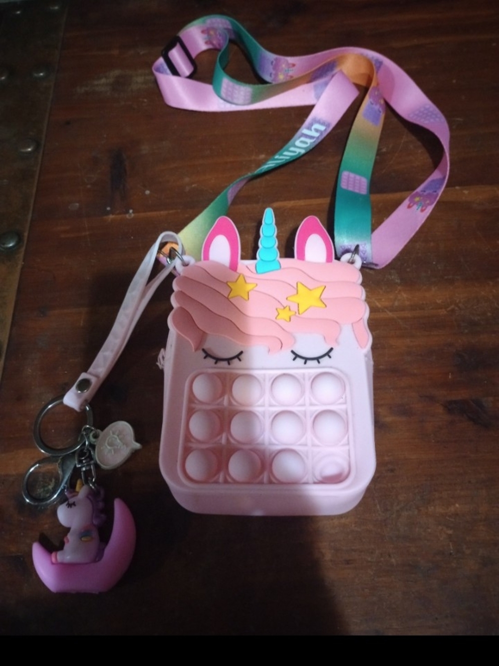 Kids Pink Unicorn Pop-It Crossbody Bag with Rainbow Strap